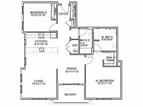 Floor plan for 2 beds, 2 baths, 1288 sqft