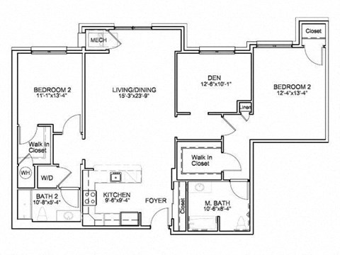 Floor plan for 2 beds, 2 baths, 1427 sqft