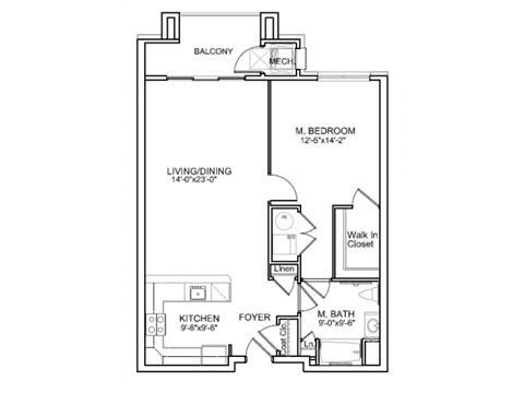 Floor plan for 1 bed, 1 bath, 920 sqft