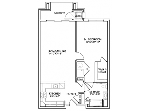 Floor plan for 1 bed, 1 bath, 960 sqft