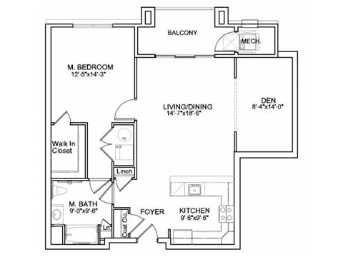 Floor plan for 1 bed, 1 bath, 990 sqft