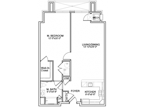 Floor plan for 1 bed, 1 bath, 1036 sqft