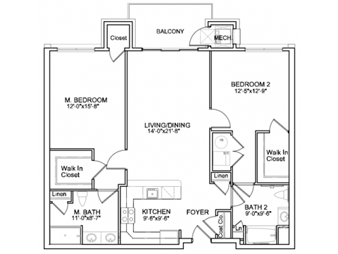 Floor plan for 2 beds, 2 baths, 1262 sqft