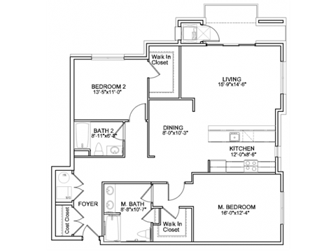 Floor plan for 2 beds, 2 baths, 1412 sqft