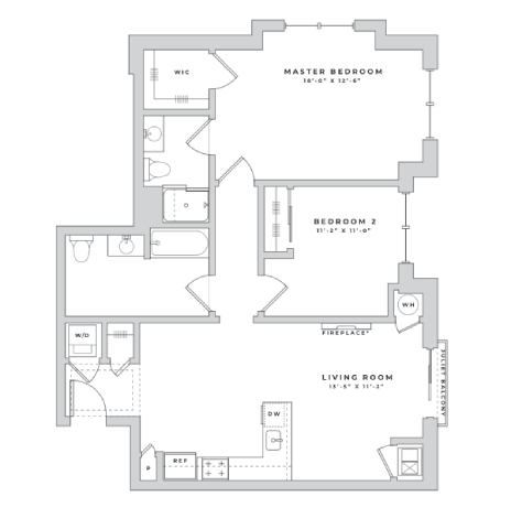 Floor plan for 2 beds, 2 baths, 1070 sqft
