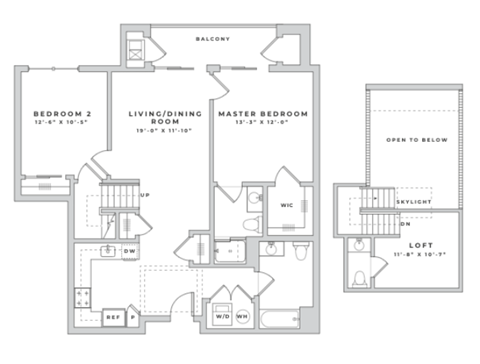 Floor plan for 2 beds, 2.5 baths, 1218 sqft