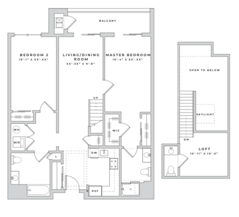 Floor plan for 2 beds, 2.5 baths, 1257 sqft