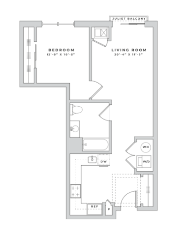 Floor plan for 1 bed, 1 bath, 676 sqft