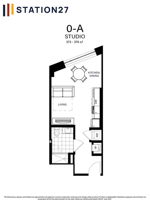 Floor plan for studio, 1 bath, 376 sqft