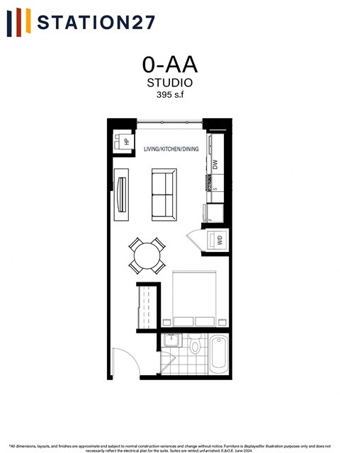 Floor plan for studio, 1 bath, 395 sqft