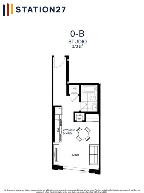 Floor plan for studio, 1 bath, 373 sqft