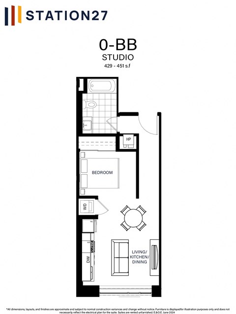 Floor plan for studio, 1 bath, 429 sqft