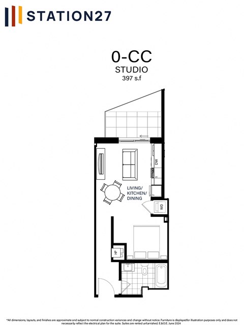 Floor plan for studio, 1 bath, 396 sqft