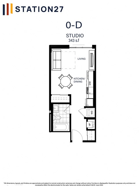 Floor plan for studio, 1 bath, 343 sqft