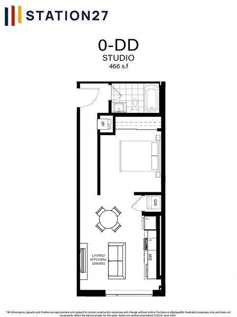 Floor plan for studio, 1 bath, 466 sqft