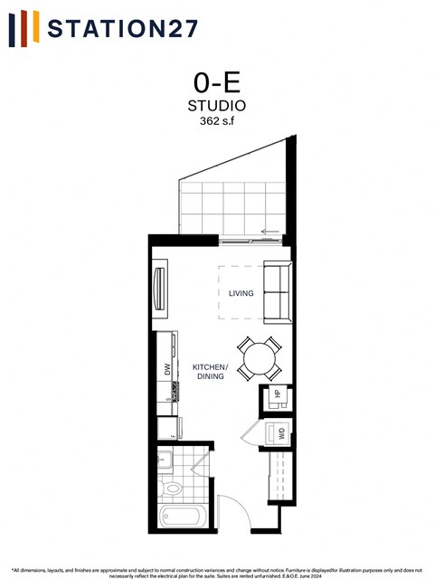 Floor plan for studio, 1 bath, 362 sqft