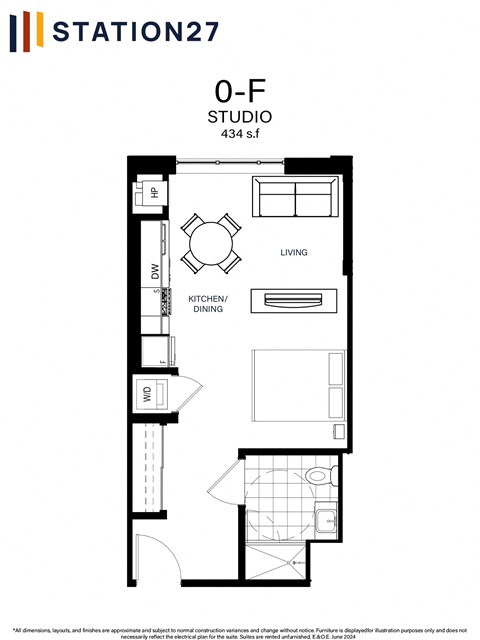 Floor plan for studio, 1 bath, 434 sqft