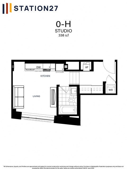 Floor plan for studio, 1 bath, 338 sqft