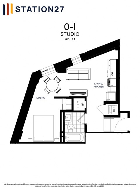 Floor plan for studio, 1 bath, 419 sqft