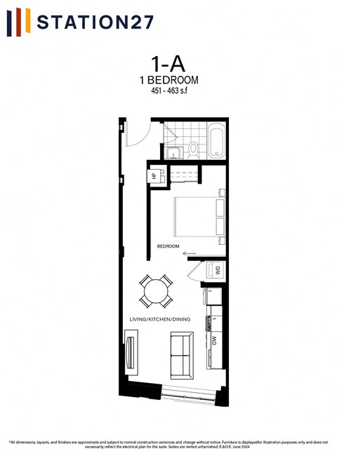 Floor plan for 1 bed, 1 bath, 455 sqft