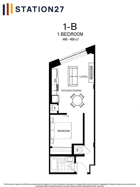 Floor plan for 1 bed, 1 bath, 496 sqft