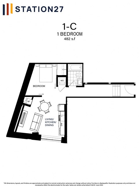 Floor plan for 1 bed, 1 bath, 490 sqft