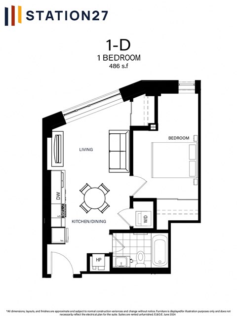 Floor plan for 1 bed, 1 bath, 486 sqft