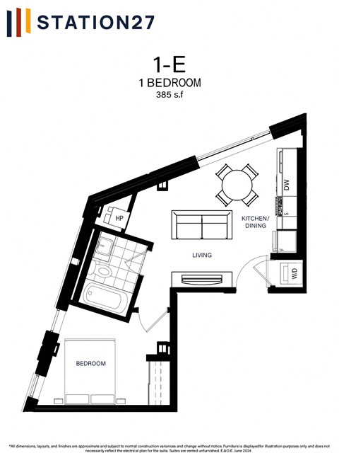 Floor plan for 1 bed, 1 bath, 385 sqft