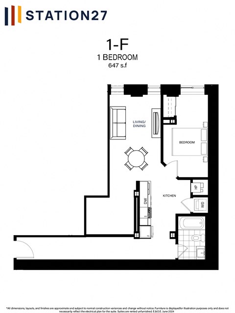 Floor plan for 1 bed, 1 bath, 647 sqft