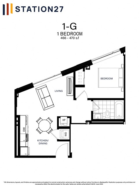 Floor plan for 1 bed, 1 bath, 471 sqft
