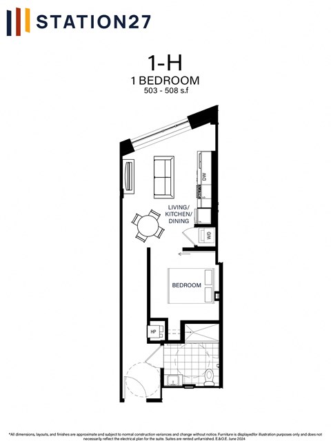 Floor plan for 1 bed, 1 bath, 503 sqft