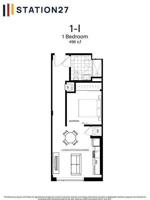 Floor plan for 1 bed, 1 bath, 496 sqft