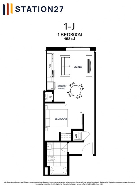 Floor plan for 1 bed, 1 bath, 458 sqft