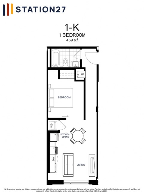 Floor plan for 1 bed, 1 bath, 459 sqft