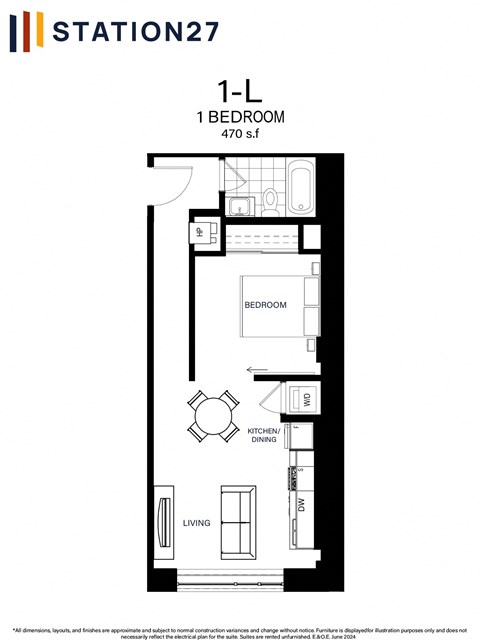 Floor plan for 1 bed, 1 bath, 470 sqft