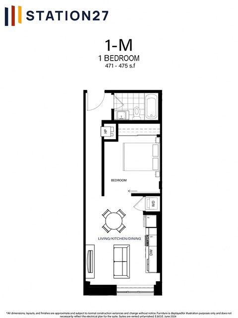 Floor plan for 1 bed, 1 bath, 475 sqft