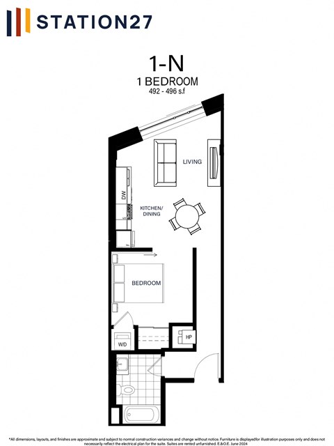 Floor plan for 1 bed, 1 bath, 496 sqft