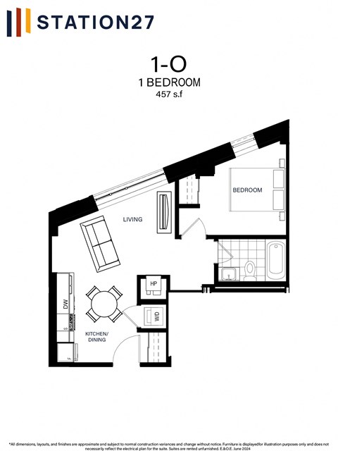 Floor plan for 1 bed, 1 bath, 457 sqft