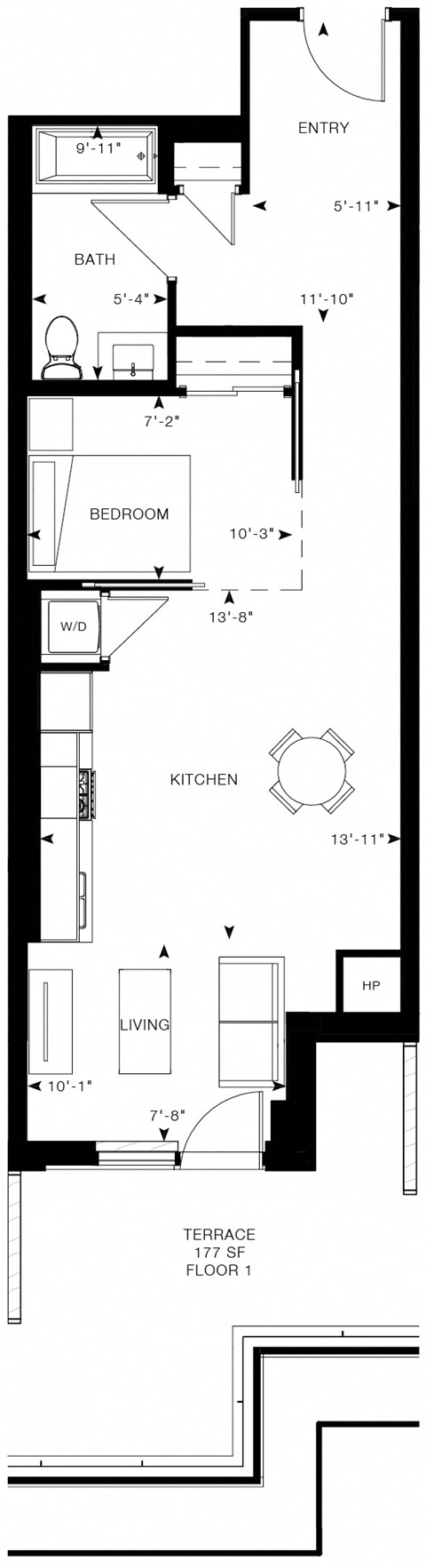Floor plan for 1 bed, 1 bath, 625 sqft