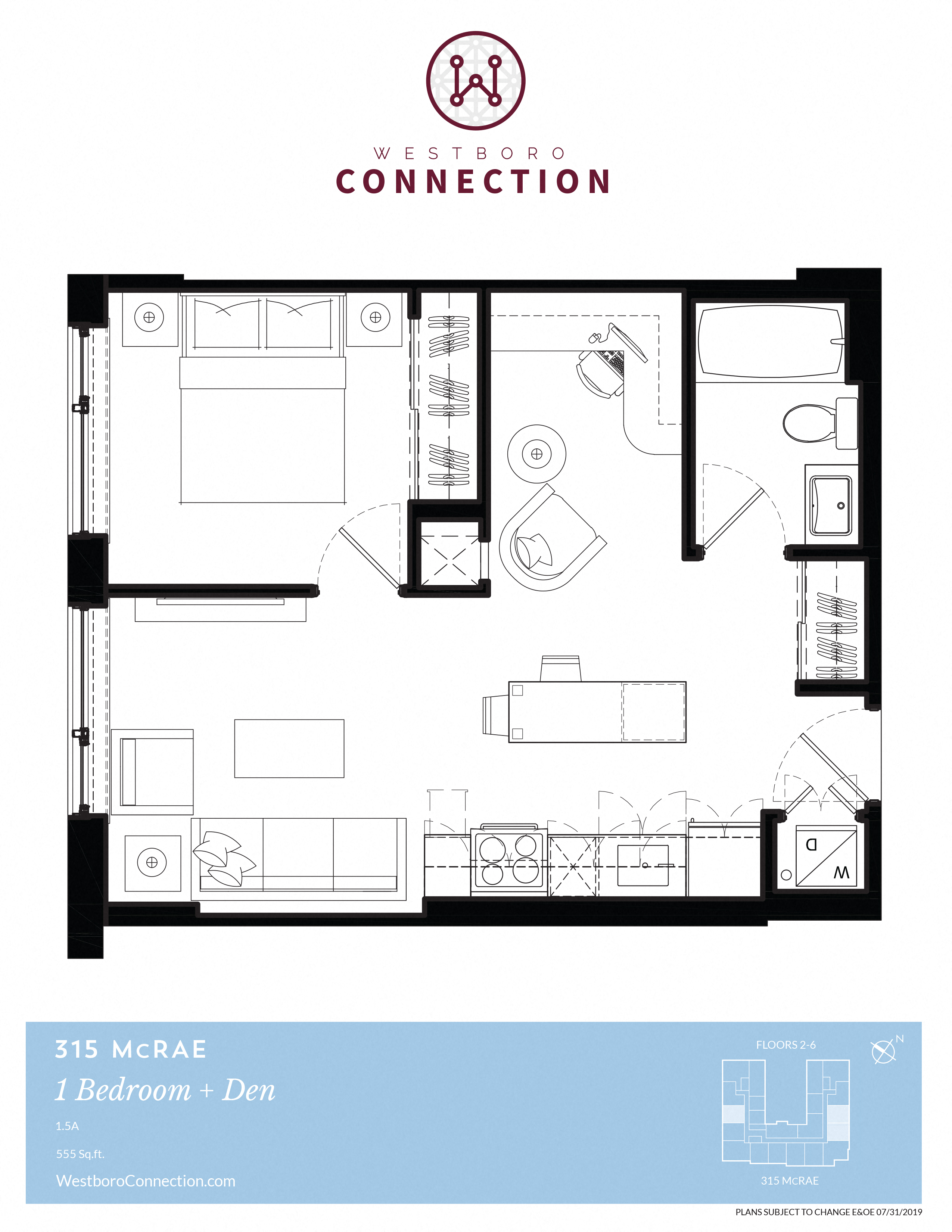 Floor plan for 1 bed, 1 bath, 555 sqft