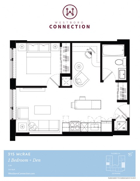 Floor plan for 1 bed, 1 bath, 555 sqft