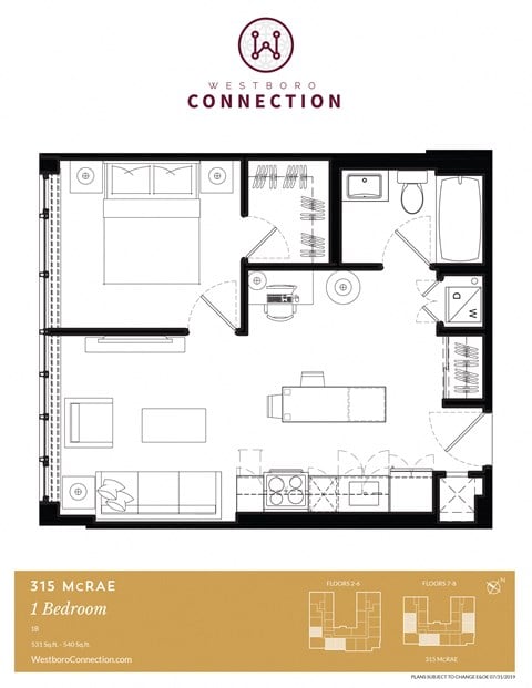 Floor plan for 1 bed, 1 bath, 540 sqft