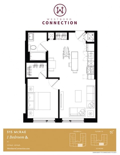 Floor plan for 1 bed, 1 bath, 620 sqft