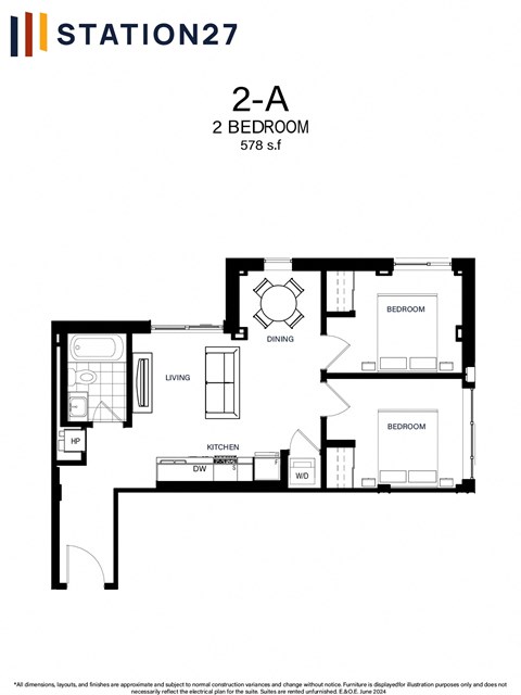 Floor plan for 2 beds, 1 bath, 579 sqft