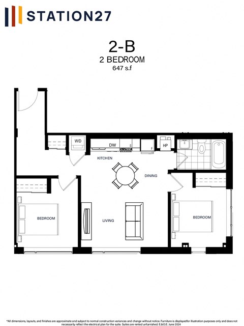 Floor plan for 2 beds, 1 bath, 647 sqft