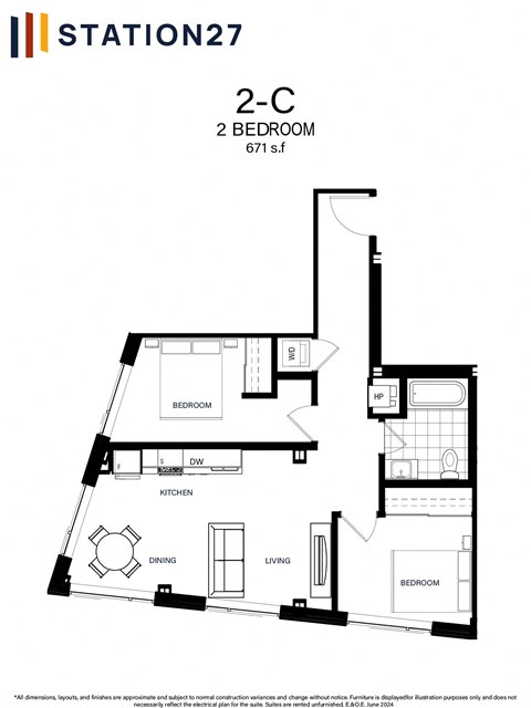 Floor plan for 2 beds, 1 bath, 671 sqft