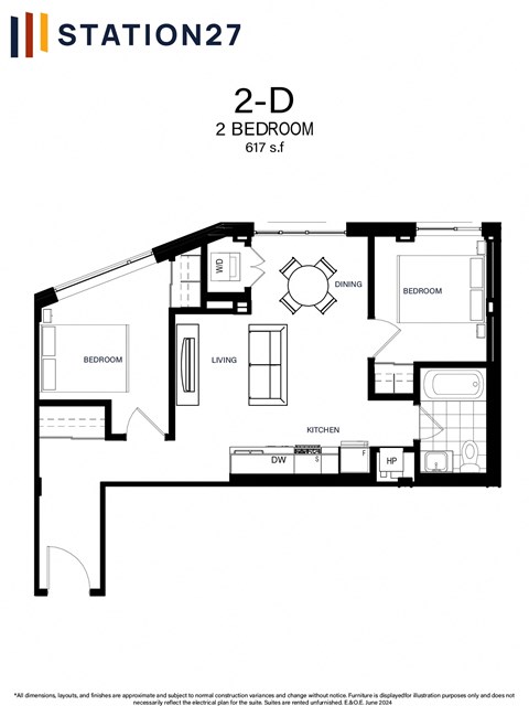 Floor plan for 2 beds, 1 bath, 617 sqft