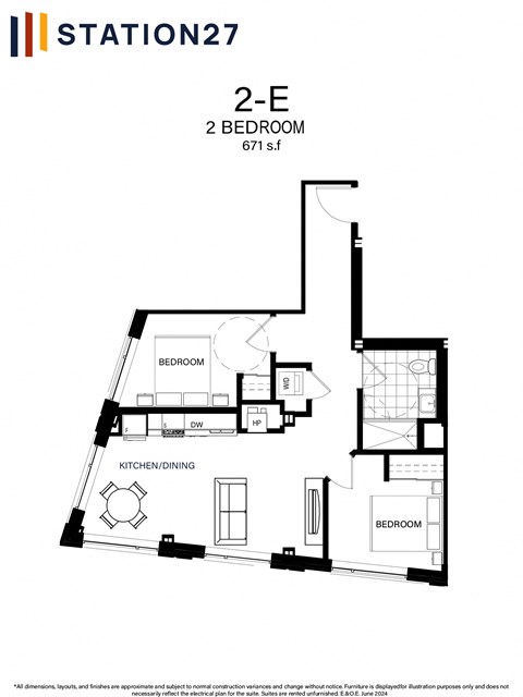 Floor plan for 2 beds, 1 bath, 671 sqft