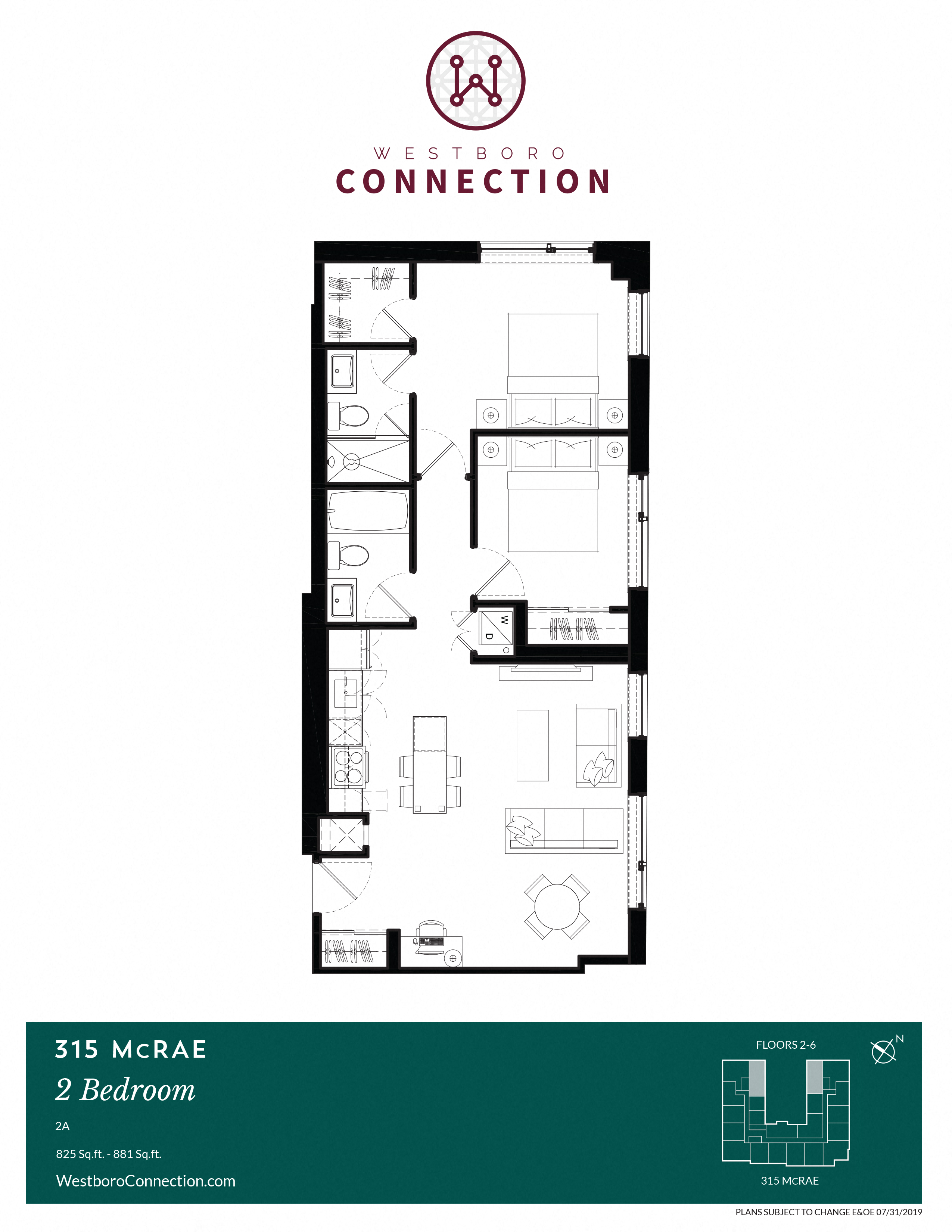 Floor plan for 2 beds, 2 baths, 825 sqft