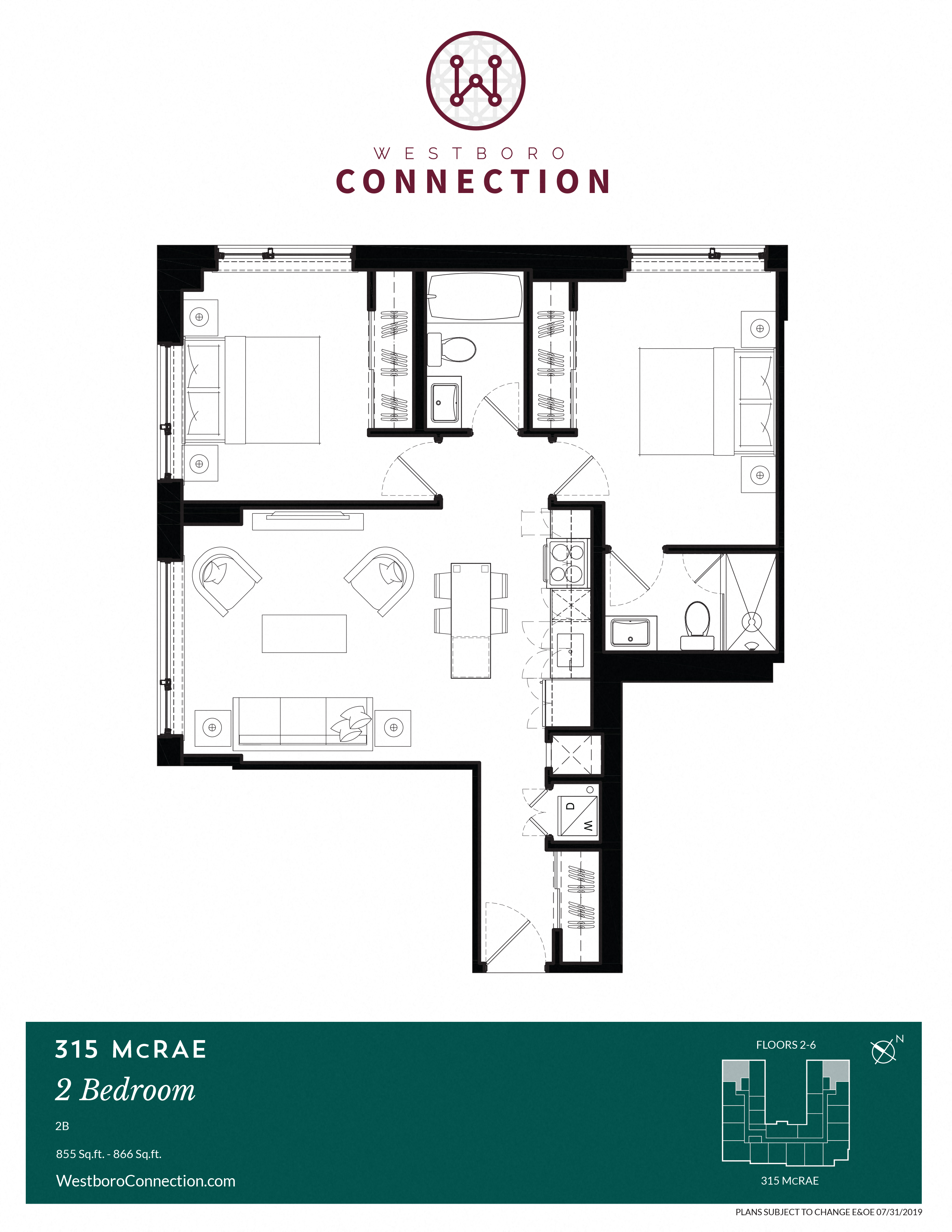Floor plan for 2 beds, 2 baths, 855 sqft